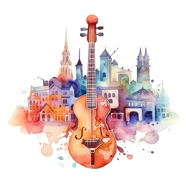 Aquarela do horizonte de uma cidade com notas musicais e instrumentos