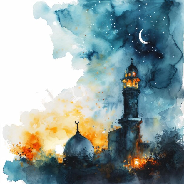 Aquarela do Mês Sagrado do Ramadão Lanterna Islâmica