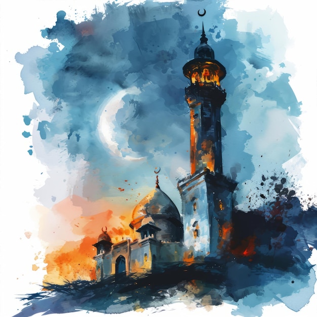 Aquarela do Mês Sagrado do Ramadão Lanterna Islâmica