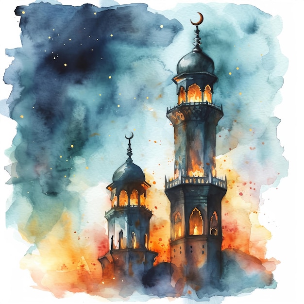 Aquarela do Mês Sagrado do Ramadão Lanterna Islâmica