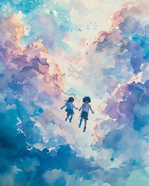 Foto aquarela de dos niños volando en las nubes