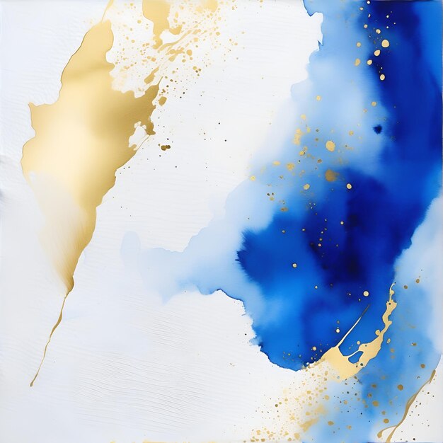 Foto aquarela dourada azul e metálica sobre fundo branco a cor espirra no papel