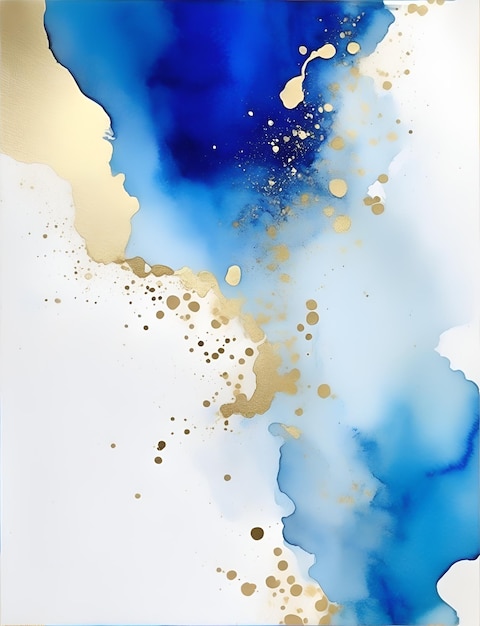 Foto aquarela dourada azul e metálica sobre um fundo branco a cor espirra no fundo do papel