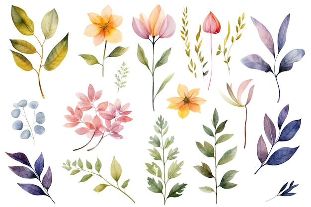 Aquarela elegante Folhas e flores Clipart