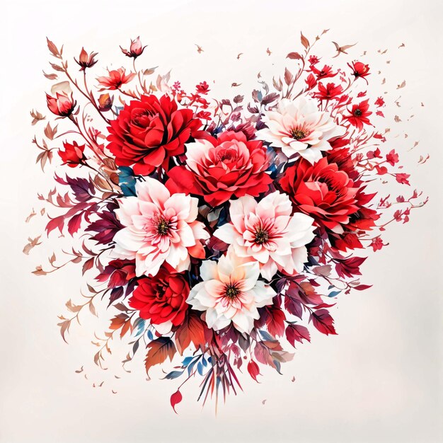 Foto aquarela em forma de coração ilustração de arranjo de flores buquê multi-flor vermelho.