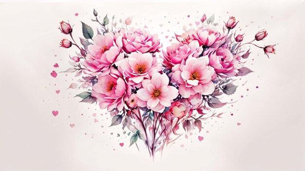 Foto aquarela em forma de coração ilustração de arranjo de flores buquê rosa multi-flor.