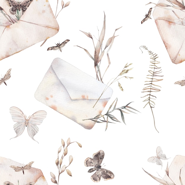 Aquarela envelope e borboleta padrão sem emenda. mão desenhada textura vintage com ervas, envelope de papel e várias borboletas voa sobre fundo branco. ornamento de verão romântico
