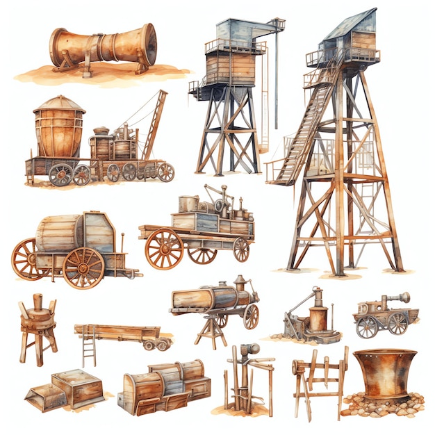 Aquarela Equipamento de mineração ocidental ocidental selvagem ocidental cowboy ilustração do deserto clipart