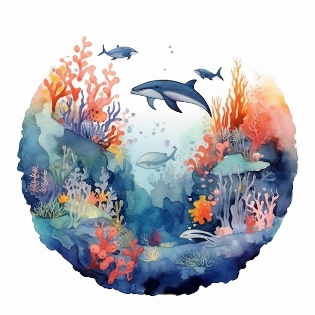 Aquarela estética Ilustração da vida oceânica