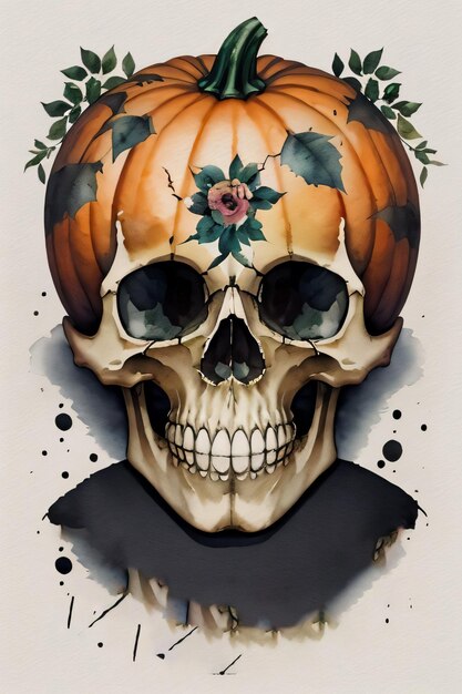 Aquarela estilo fundo de Halloween com crânio e abóbora