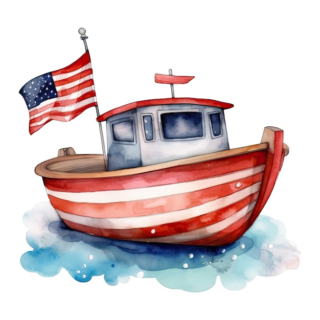 Foto aquarela feliz bonito barco patriótico navio com impressão de bandeira americana 4 de julho dia da independência eua