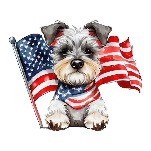 Aquarela feliz fofo cachorro patriótico cachorrinho bandeira americana estampa 4 de julho Dia da Independência dos EUA