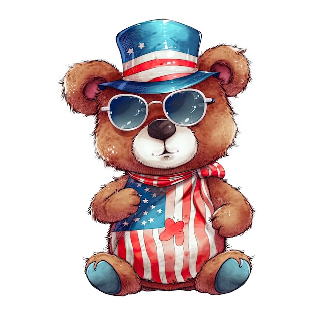 Aquarela feliz urso patriótico fofo com impressão de bandeira americana 4 de julho Dia da Independência EUA