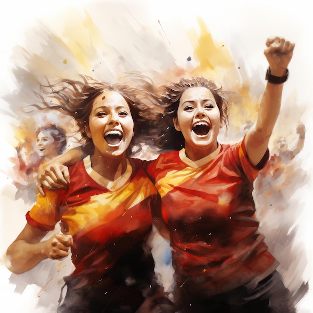 Aquarela feminino artilheiro espanhol fundo time de futebol vitorioso unindo-se com 'V' para a vitória