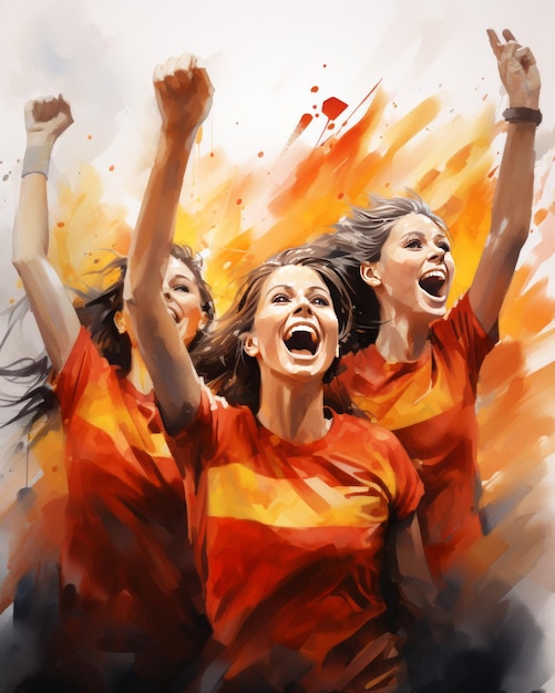 Aquarela feminino artilheiro espanhol fundo time de futebol vitorioso unindo-se com 'V' para a vitória