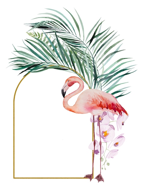 Foto aquarela flamingo rosa, folhas tropicais e ilustração isolada de flores em quadro para papel de carta de casamento, saudações, papel de parede, moda, cartazes