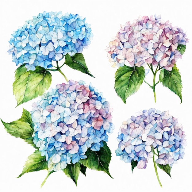 Aquarela flor de hortênsia isolada em fundo branco ilustração desenhada à mão