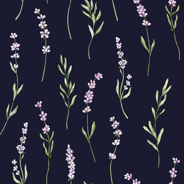 Aquarela flor de lavanda padrão sem costura em fundo azul escuro desenhado à mão botânico
