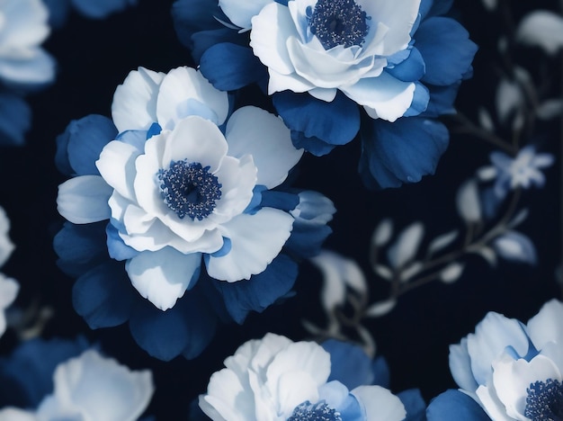 Foto aquarela floral em padrão sem costura azul escuro e branco versão 7