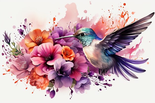 Aquarela Floral Hummingbird Arte Inteligência Artificial Gerativa