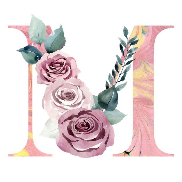 Aquarela floral letra M com rosas