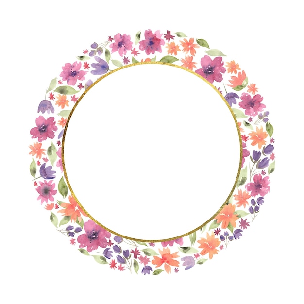 Aquarela floral moldura redonda feita de diferentes flores folhas verdes e ramos moldura com dourado