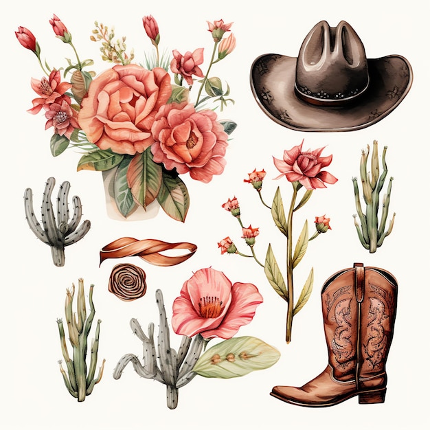 aquarela floral oeste selvagem oeste cowboy deserto ilustração clipart