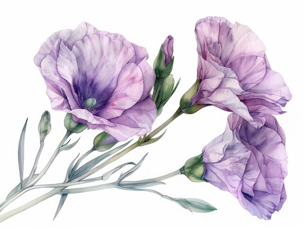 Aquarela de flores coloridas de Lisianthus aisladas sobre un fondo blanco