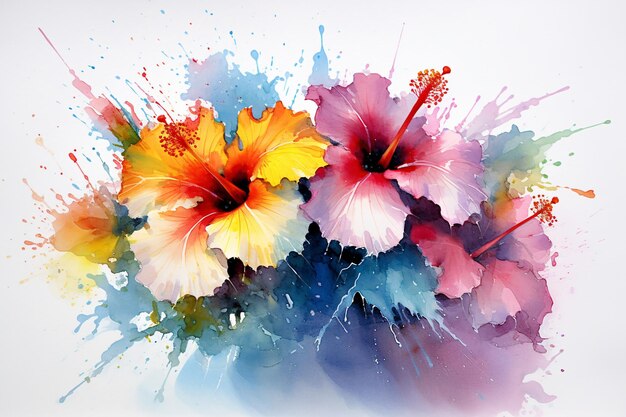 Aquarela Flores de hibisco Pintura Arte Ai generativa