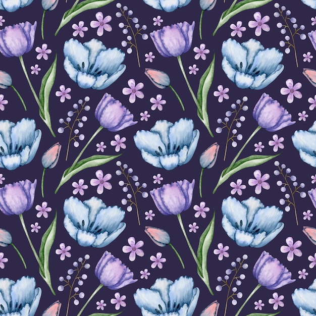 Aquarela flores de tulipa roxa sem costura padrão em um fundo azul.