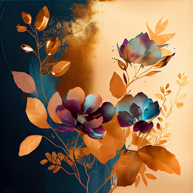 Aquarela flores douradas isoladas na ilustração de fundo branco Generative AI