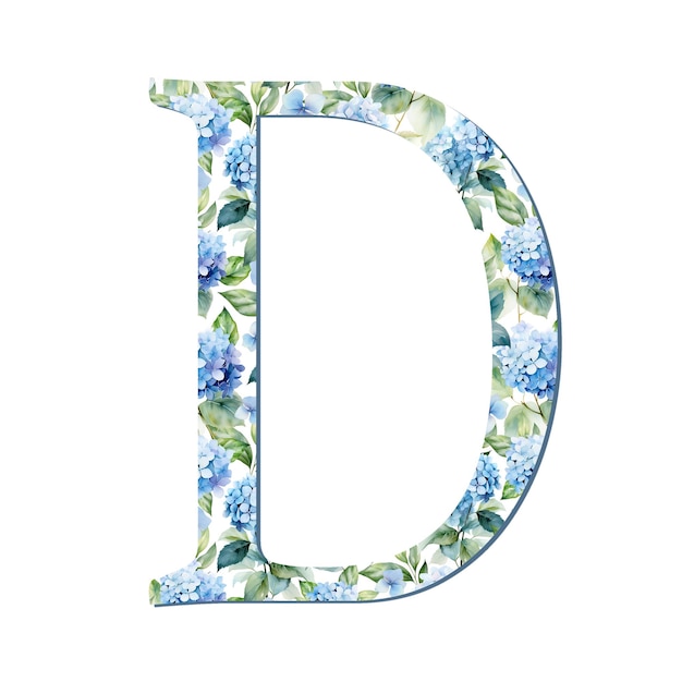 Aquarela flores de hortensia letra azul D para el diseño de la tarjeta