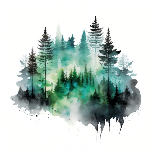 Aquarela floresta verde Ilustração AI GenerativexA