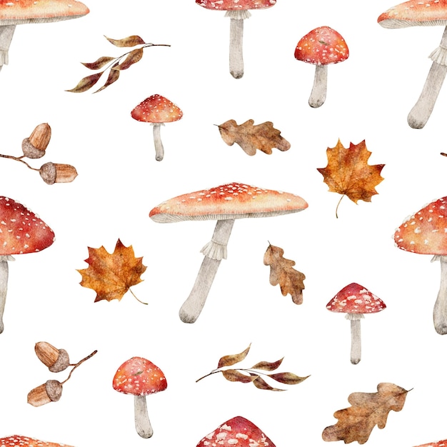 Aquarela fly agaric e folhas de outono padrão perfeito Ilustração de outono desenhada à mão