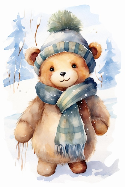 Aquarela fofa sorrindo feliz ursinho de pelúcia com cachecol e chapéu no inverno
