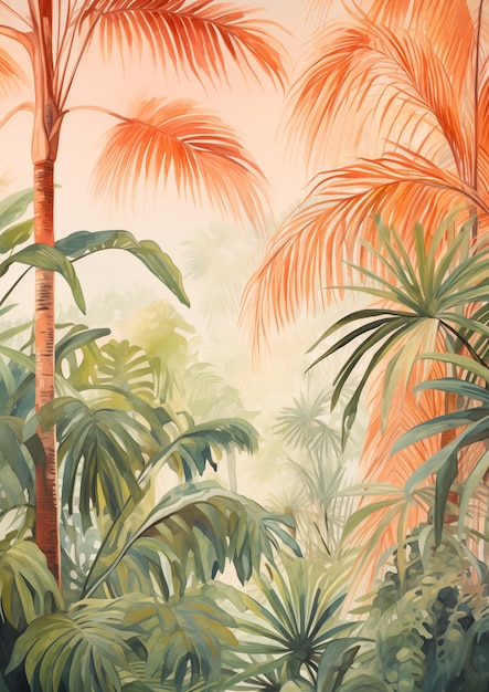 Aquarela de follaje tropical con palmeras