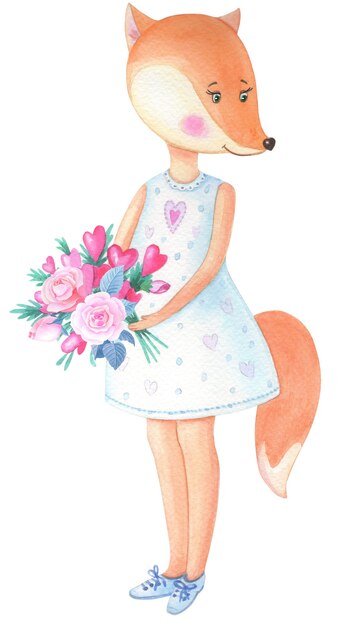 Aquarela fox com buquê de flores. cartão para dia dos namorados, aniversário, outros feriados.