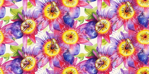 Foto aquarela de la fruta de la pasión patrón sin costuras acuarela madura passiflora acuarela creativa maracuya azulejos frescos de la fruit de la pasión acuarela dibujo granadilla ilustración generativa de ia