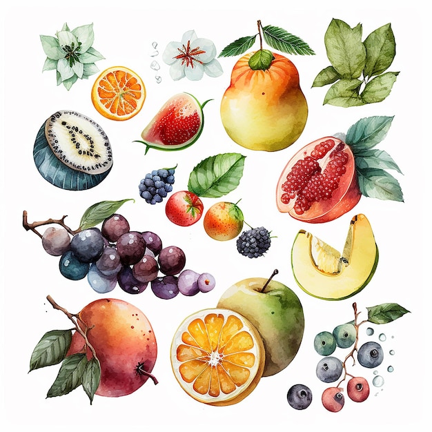 Foto aquarela frutas em um fundo branco