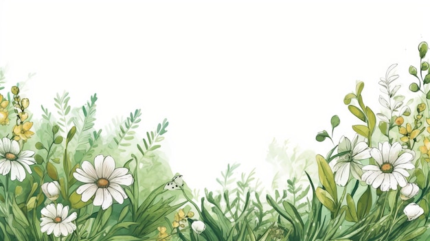 Aquarela Fundo floral Pequenas flores brancas e verdes em estilo de paisagem pastoral