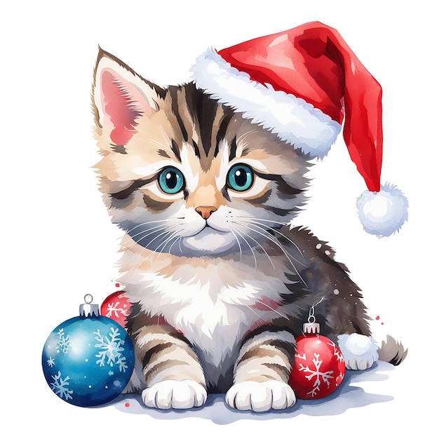 Foto aquarela gatinho de natal gato de chapéu vermelho com brinquedos e presentes de natal rótulo