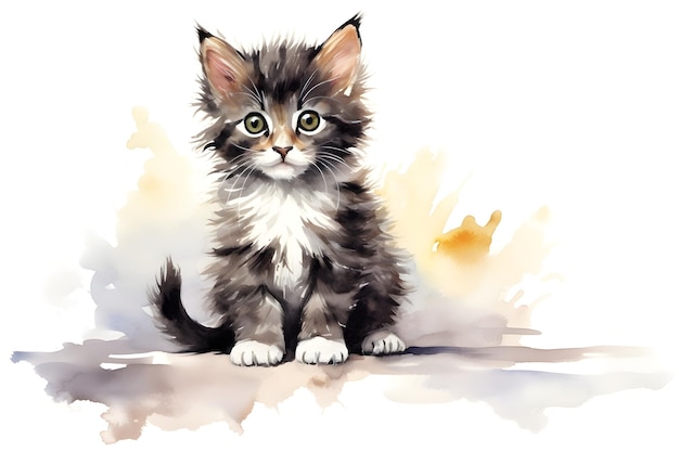 Aquarela gatinho preto bonito peito branco sentado isolado em fundo branco para mamíferos animais de estimação