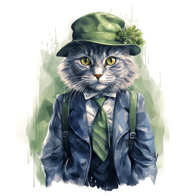 Aquarela del gato azul ruso con un traje de Trilby Seersucker Monogra verde Patrick Day Clipart