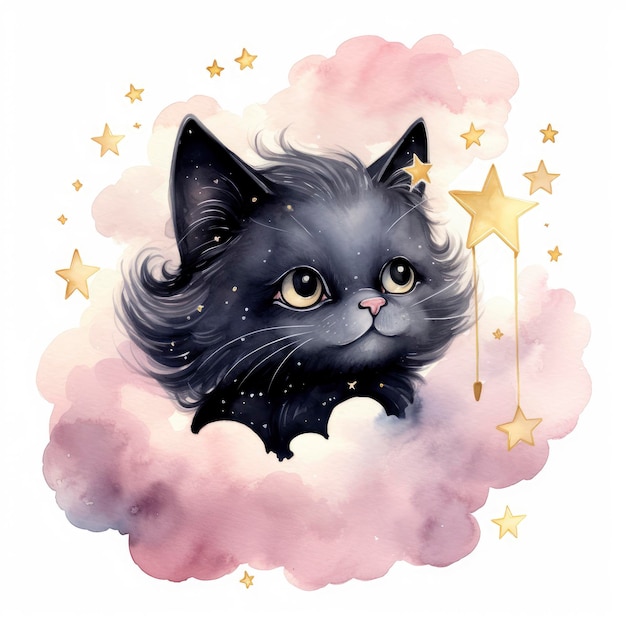 Aquarela Gato bonito em uma nuvem e estrelas rosa preto