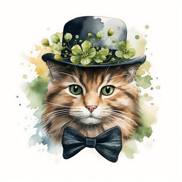Aquarela del gato Cymric con un Fedora Tweed Blazer Forest Green Ascot Iri Patrick Day Clipart