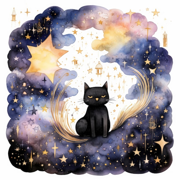 Aquarela Gato Nuvens Estrelas Lua fundo azul escuro rosa