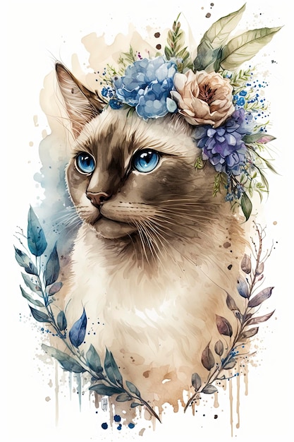 Aquarela gato ponto azul neva mascarada raça Flower Crown