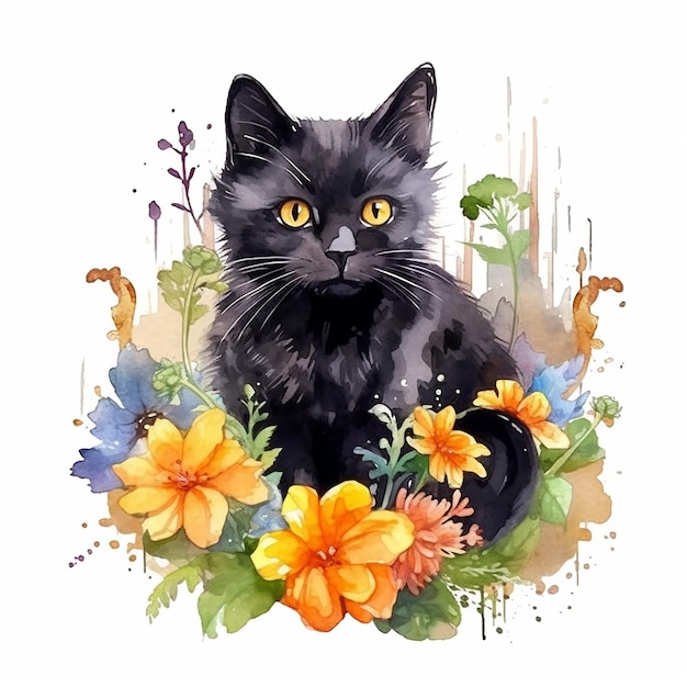 Aquarela Gato preto inteligente com flor Clipart