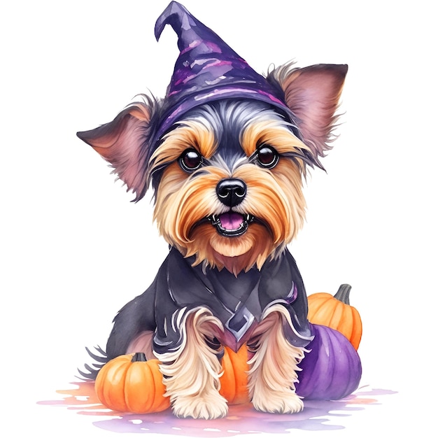 aquarela halloween cachorro Yorkshire Terrier com chapéu de bruxa