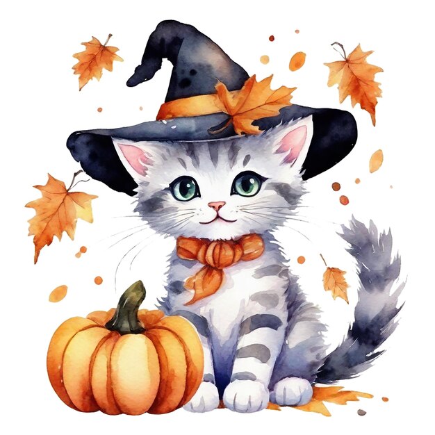 Foto aquarela halloween gato gatinho branco em chapéus com abóboras